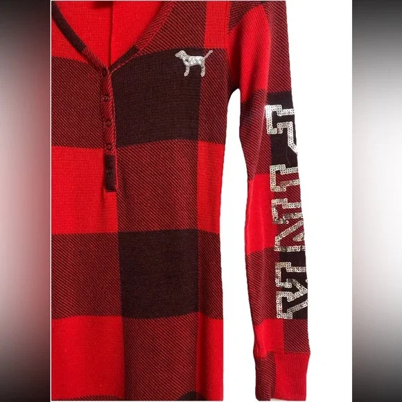 Victoria's Secret PINK Red Buffalo Plaid Holiday Union Suit Pajama Sequin Sz XS - Picture 4 of 10